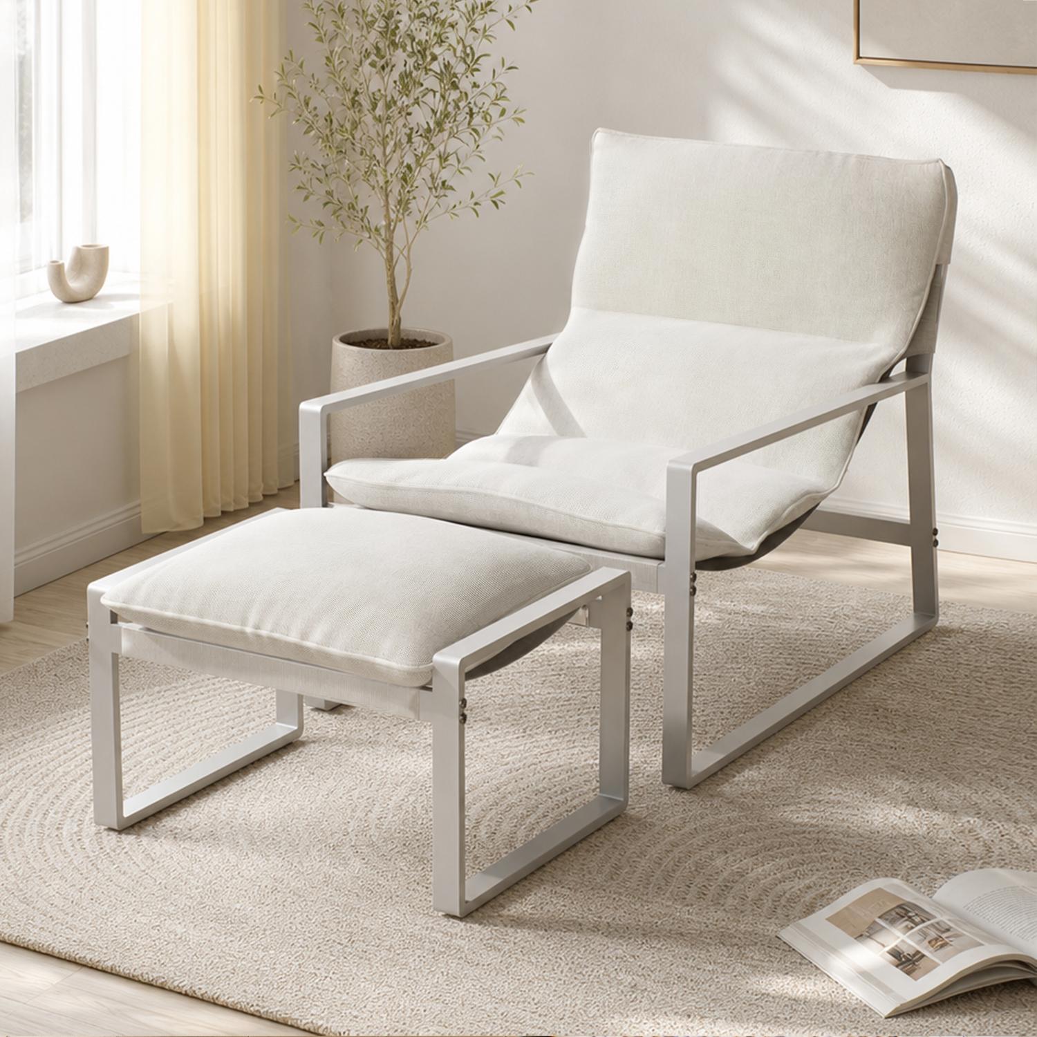 ALAULM Moderner Sessel mit Hocker Lounge-Sessel aus Textilene-Gewebe mit Metallrahmen, Mid-Century Armlehnstuhl für Wohnzimmer, Schlafzimmer & Büro