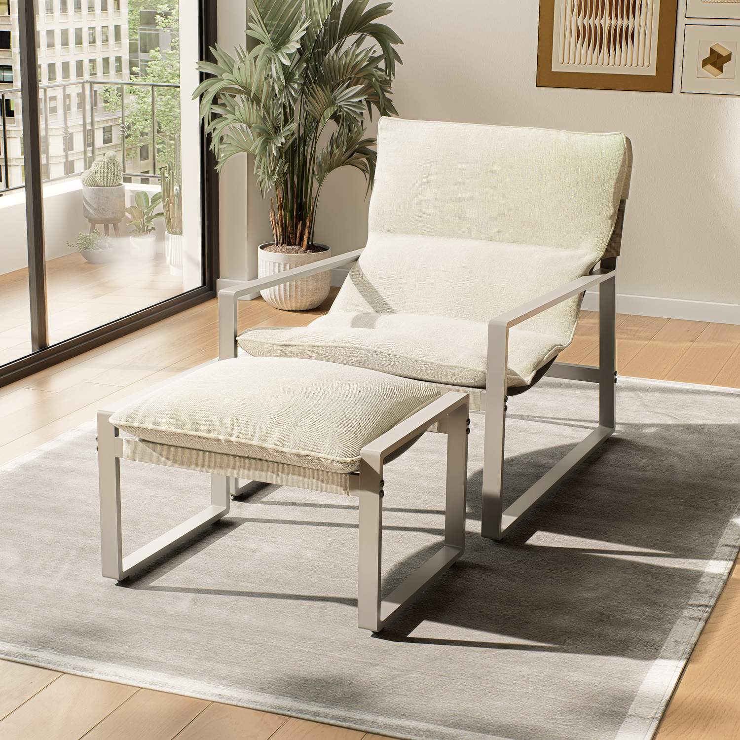 ALAULM Moderner Sessel mit Hocker Lounge-Sessel aus Textilene-Gewebe mit Metallrahmen, Mid-Century Armlehnstuhl für Wohnzimmer, Schlafzimmer & Büro