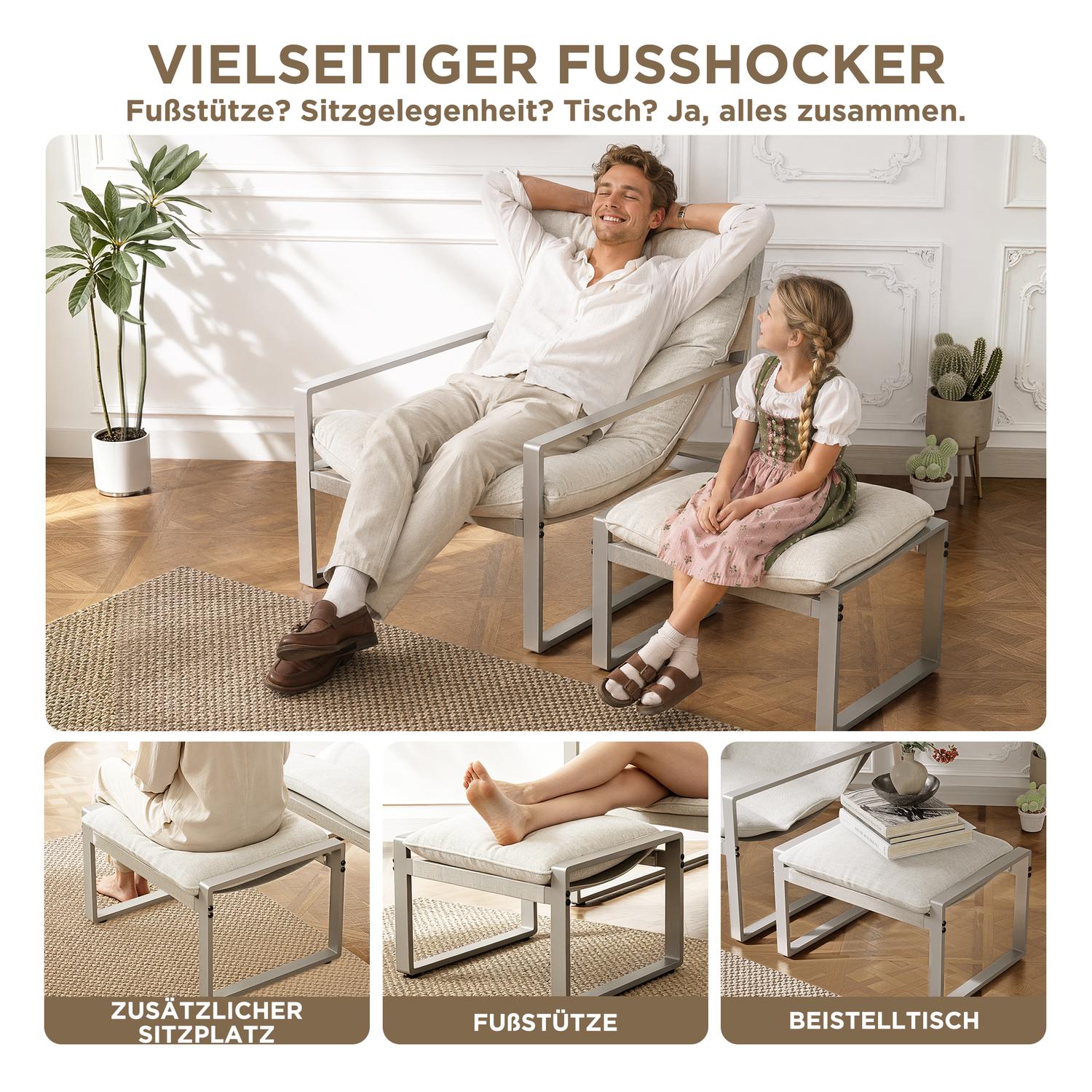 ALAULM Moderner Sessel mit Hocker Lounge-Sessel aus Textilene-Gewebe mit Metallrahmen, Mid-Century Armlehnstuhl für Wohnzimmer, Schlafzimmer & Büro