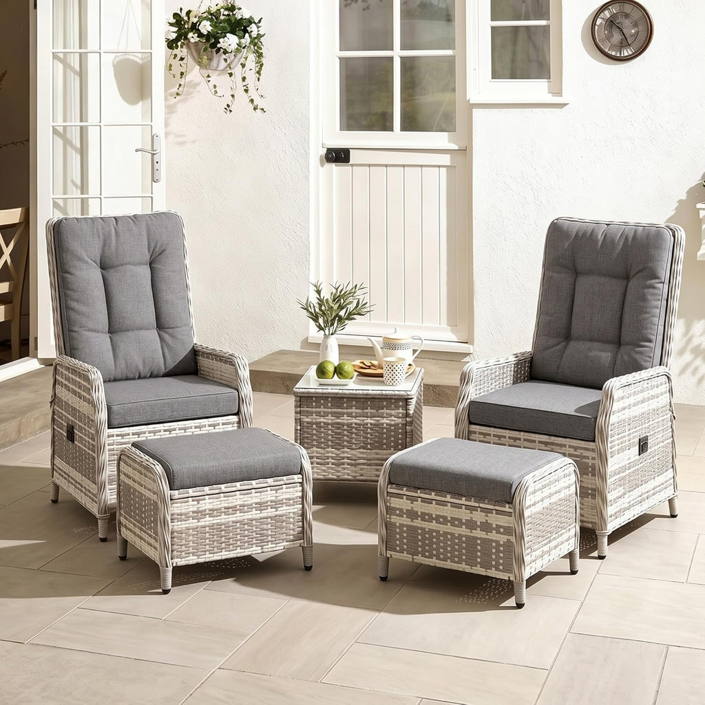 ALAULM Rattan Garden Furniture Set Outdoor Lounge Furniture, Adjustable 2-Seater Patio Furniture with 118° Backrest & Footstool, High-Quality Cushions & Glass Table, Weatherproof