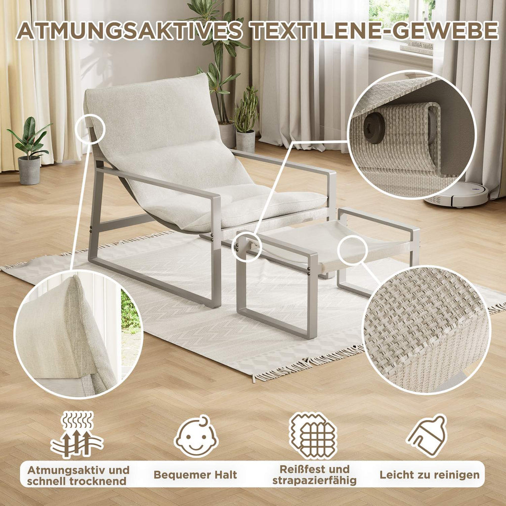 ALAULM Moderner Sessel mit Hocker Lounge-Sessel aus Textilene-Gewebe mit Metallrahmen, Mid-Century Armlehnstuhl für Wohnzimmer, Schlafzimmer & Büro