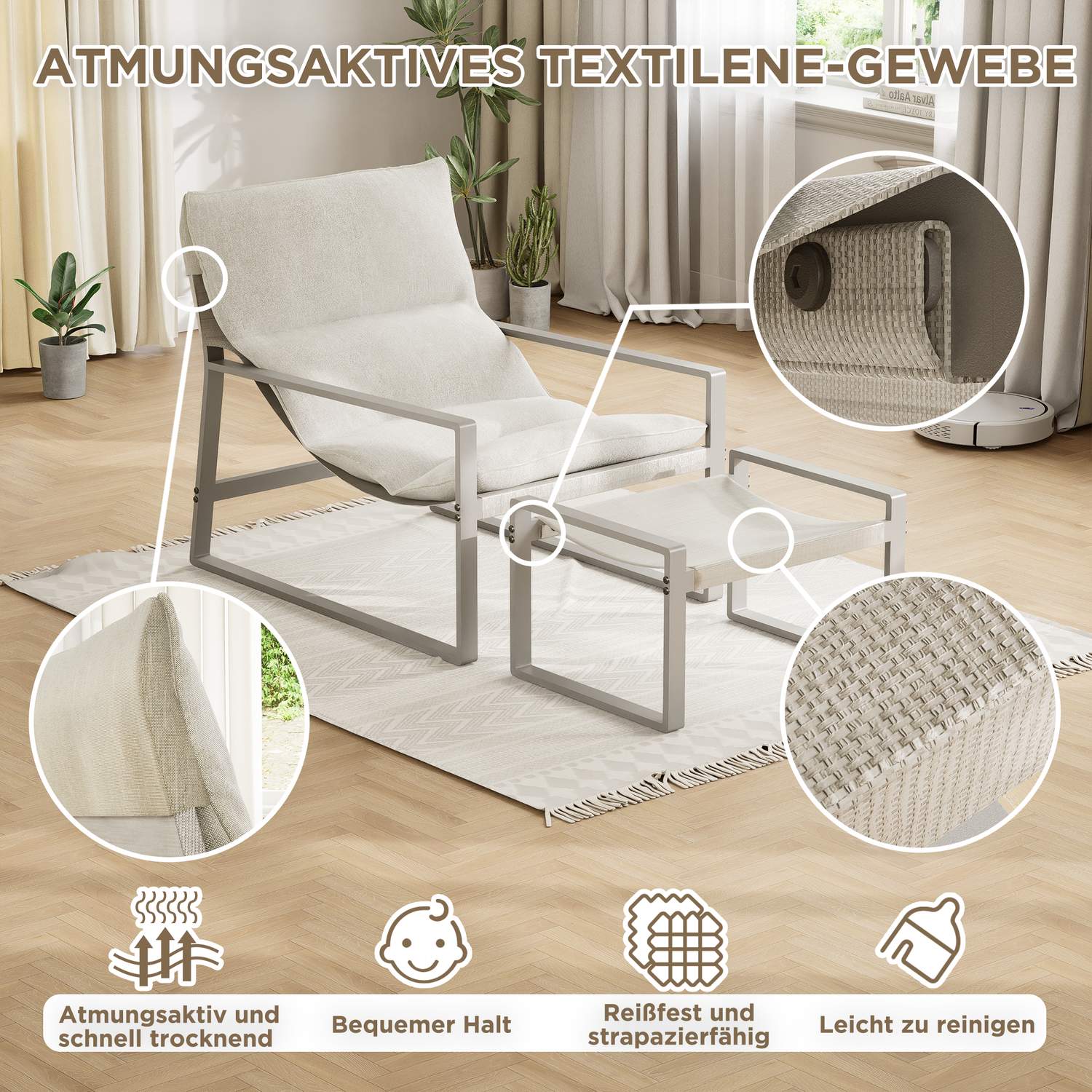 ALAULM Moderner Sessel mit Hocker Lounge-Sessel aus Textilene-Gewebe mit Metallrahmen, Mid-Century Armlehnstuhl für Wohnzimmer, Schlafzimmer & Büro