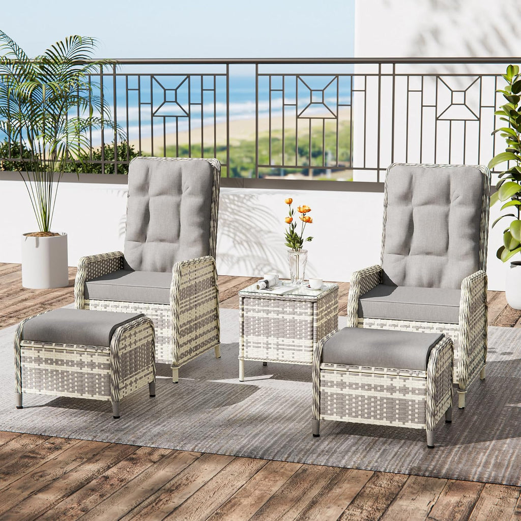 ALAULM Rattan Garden Furniture Set Outdoor Lounge Furniture, Adjustable 2-Seater Patio Furniture with 118° Backrest & Footstool, High-Quality Cushions & Glass Table, Weatherproof