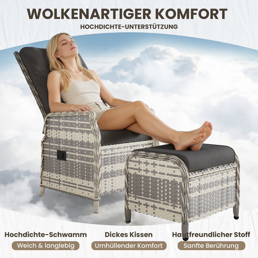 ALAULM Rattan Garden Furniture Set Outdoor Lounge Furniture, Adjustable 2-Seater Patio Furniture with 118° Backrest & Footstool, High-Quality Cushions & Glass Table, Weatherproof