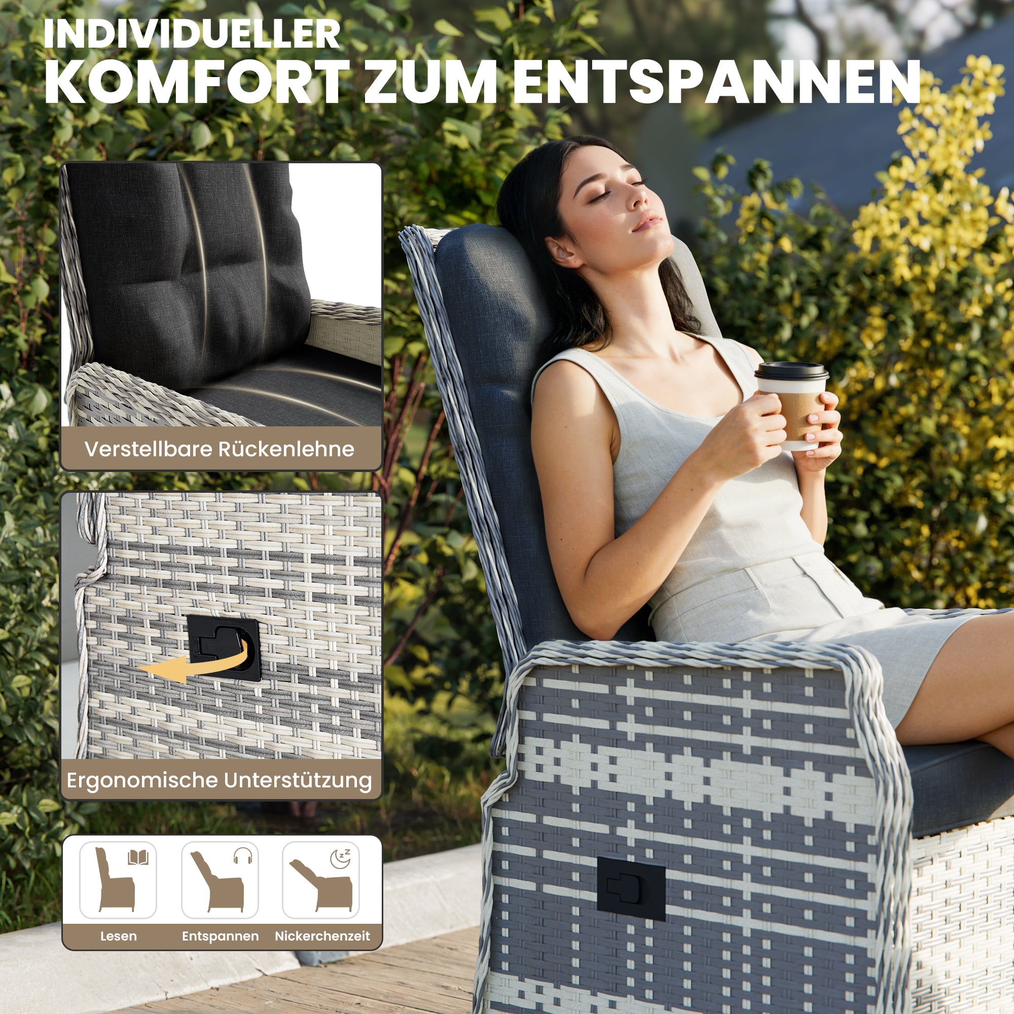 ALAULM Rattan Garden Furniture Set Outdoor Lounge Furniture, Adjustable 2-Seater Patio Furniture with 118° Backrest & Footstool, High-Quality Cushions & Glass Table, Weatherproof