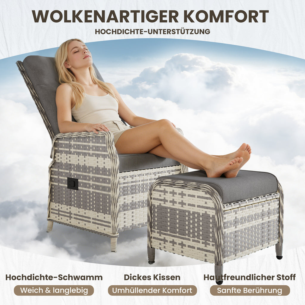 ALAULM Rattan Garden Furniture Set Outdoor Lounge Furniture, Adjustable 2-Seater Patio Furniture with 118° Backrest & Footstool, High-Quality Cushions & Glass Table, Weatherproof