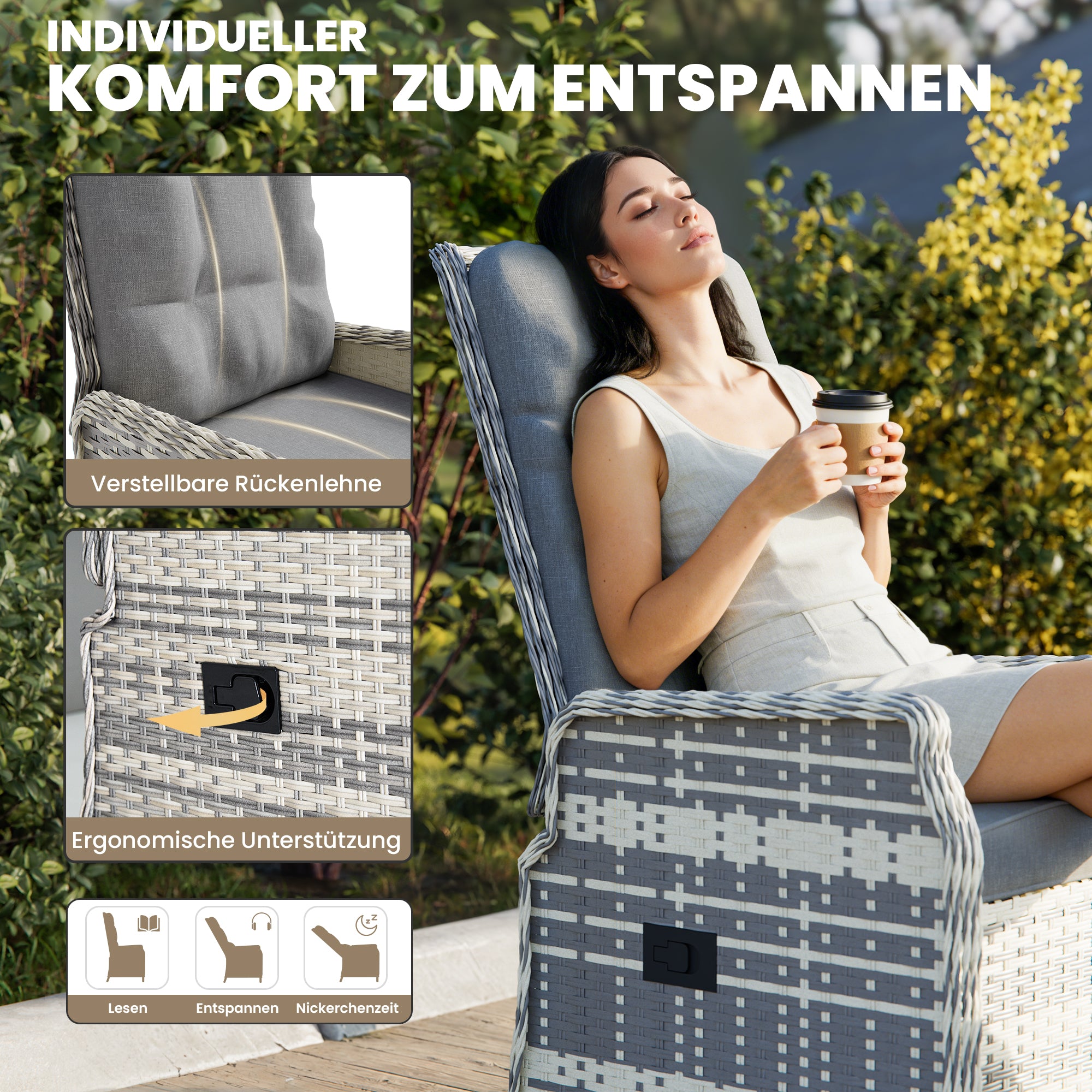 ALAULM Rattan Garden Furniture Set Outdoor Lounge Furniture, Adjustable 2-Seater Patio Furniture with 118° Backrest & Footstool, High-Quality Cushions & Glass Table, Weatherproof